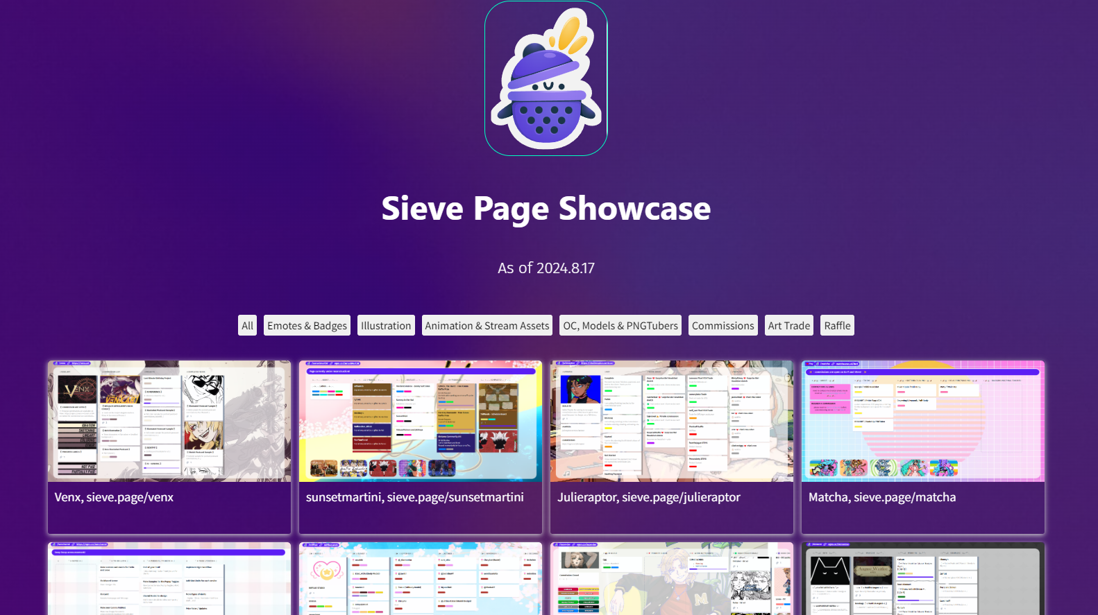 Sieve page showcase